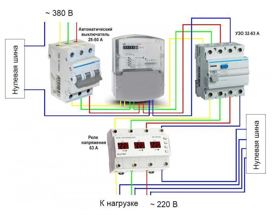 Схема подключения реле напряжения и узо в однофазной сети