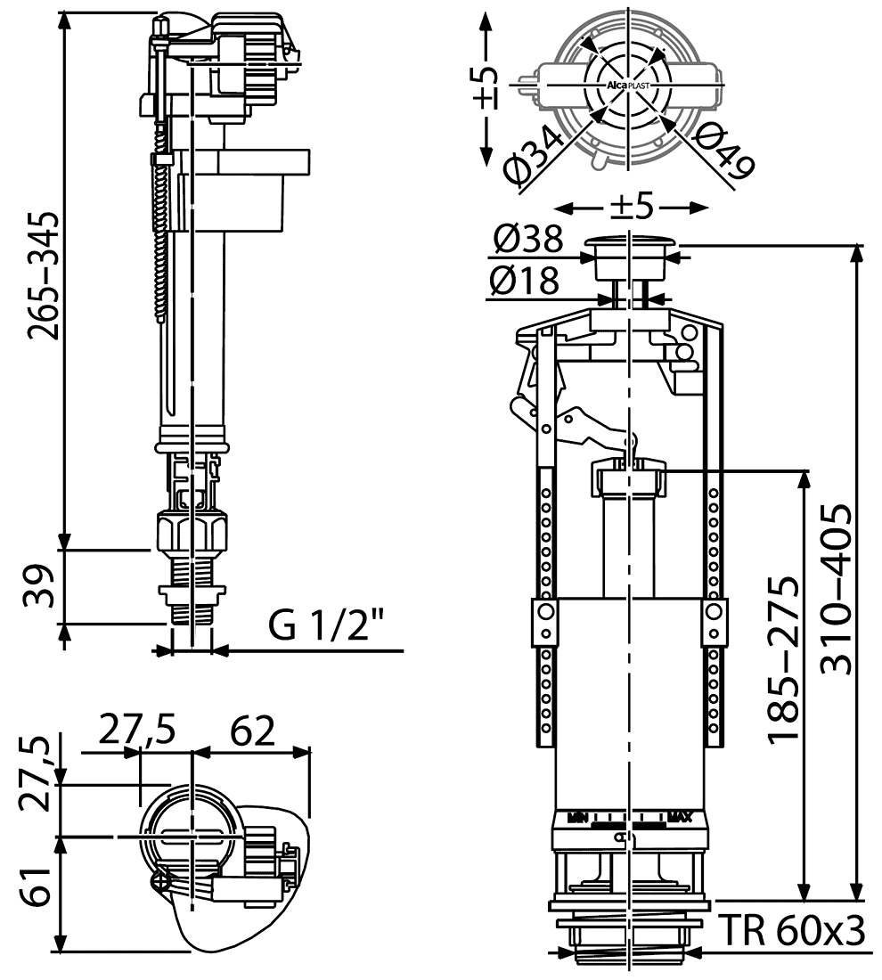 Установка арматуры для бачка унитаза с нижней и боковой подводкой